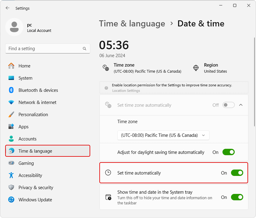 Windows set time automatically timezone