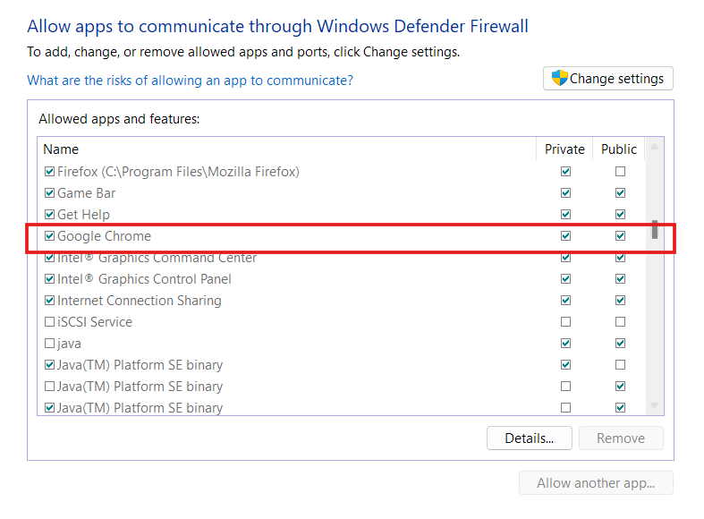 Windows Defender Firewall Google Chrome