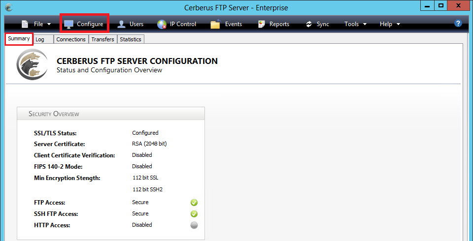 Cerberus FTP Configure Summary