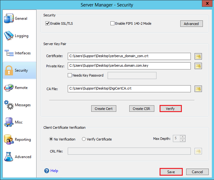 Cerberus FTP Server Manager Security Verify