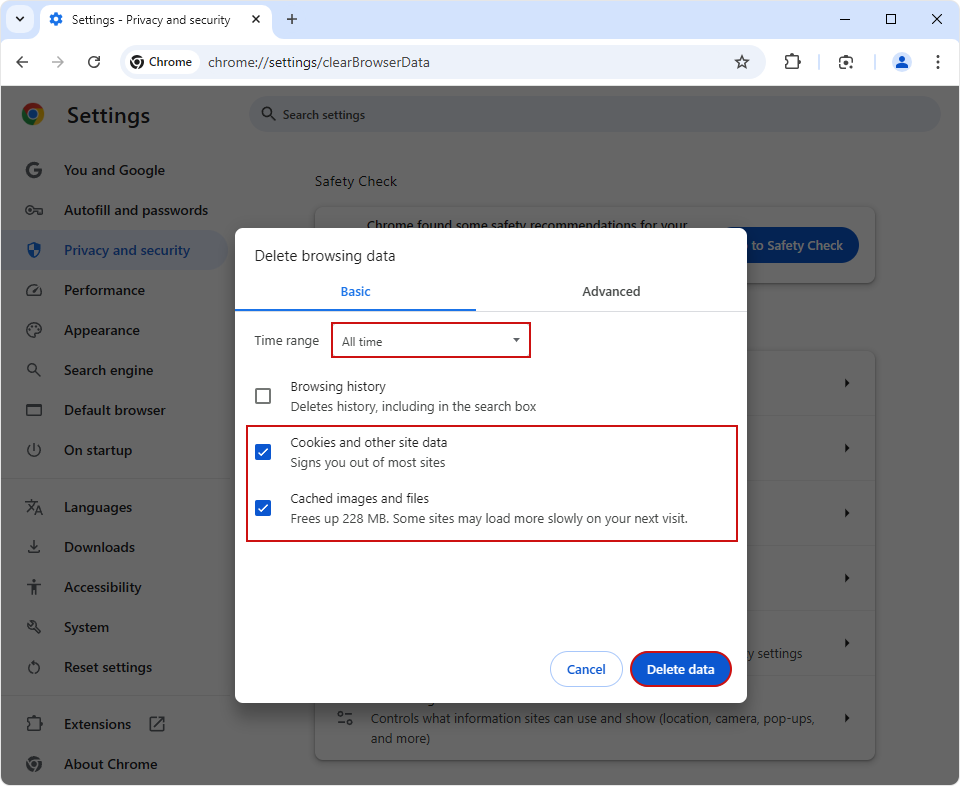 Delete Cookies and Other Site Data