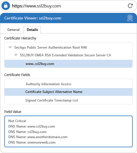 PrimeSSL EV Multi-Domain Certificate Details