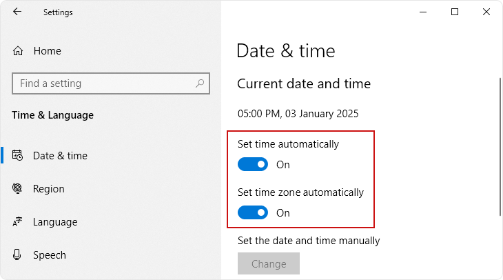 Set time automatically & Set time zone automatically