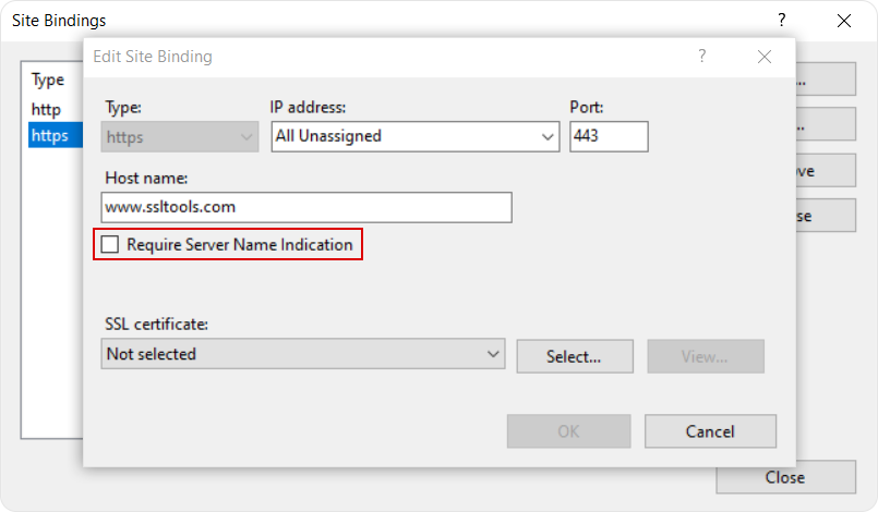 IIS Manager Site Bindings Require Server Name Indication