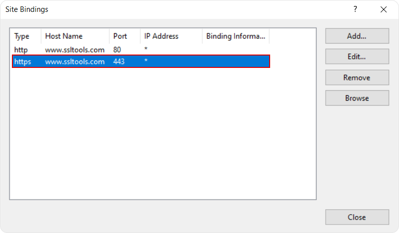 IIS Manager Site Bindings